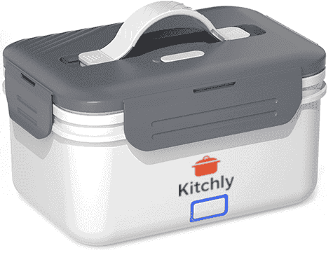 Kitchly electric heated lunch box in white, portable food warmer for car, truck, and home use with grey accents.