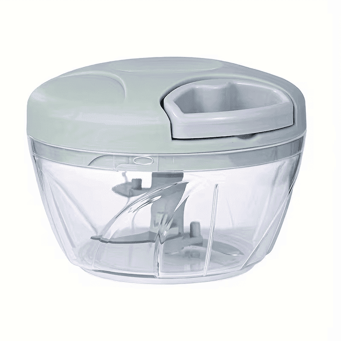 Kitchly manual food chopper with hand pull string, 500ml or 900ml capacity, chopped vegetables, onions, garlic, herbs, and nuts.