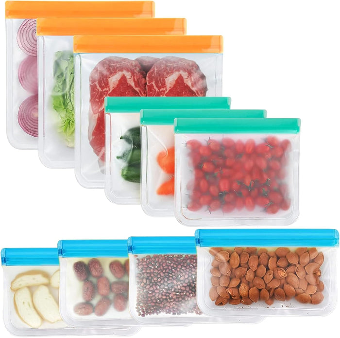 Set of 10 eco-friendly silicone food storage bags from Kitchly, showing reusable, flexible, and airtight food storage solutions.