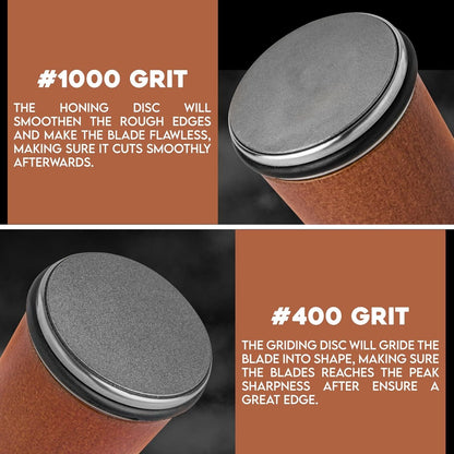 Kitchly solid wood rolling knife sharpener with two-sided blade sharpening tool on a wooden surface