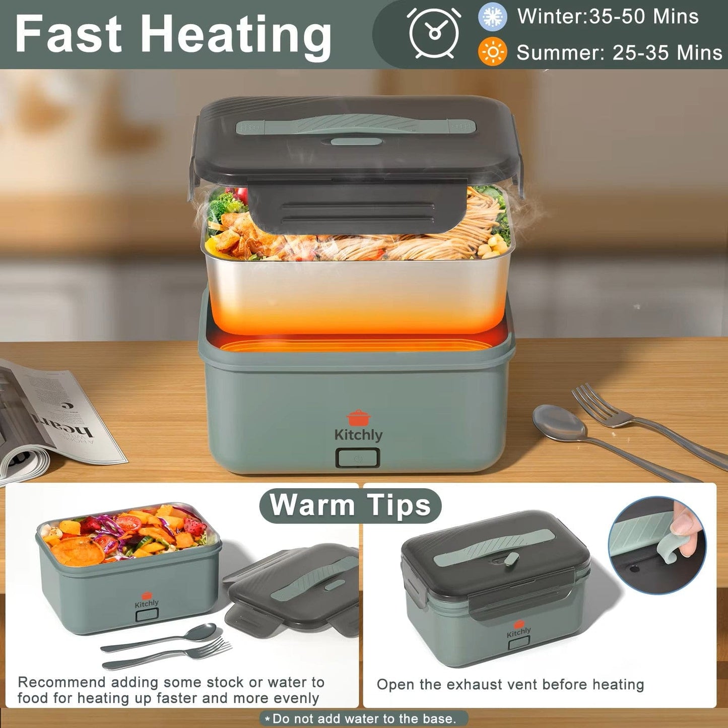 Kitchly Electric Heated Lunch Box - Portable Food Warmer for Car, Truck, Home (Green/Grey)