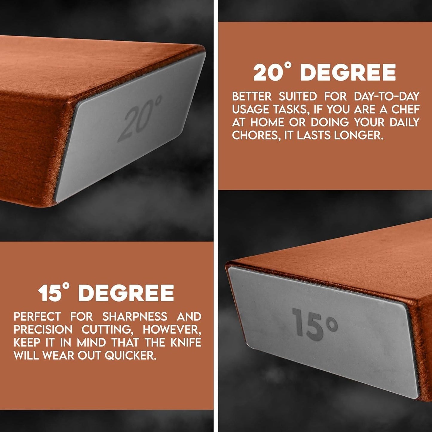 Kitchly solid wood rolling knife sharpener with two-sided blade sharpening surfaces on a wooden base.