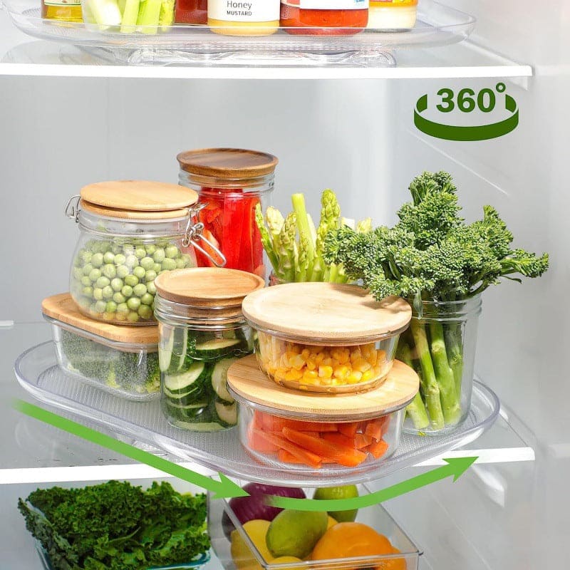 Clear Kitchly 360-degree rotating refrigerator organiser turntable with multiple tiers for easy food storage and access.