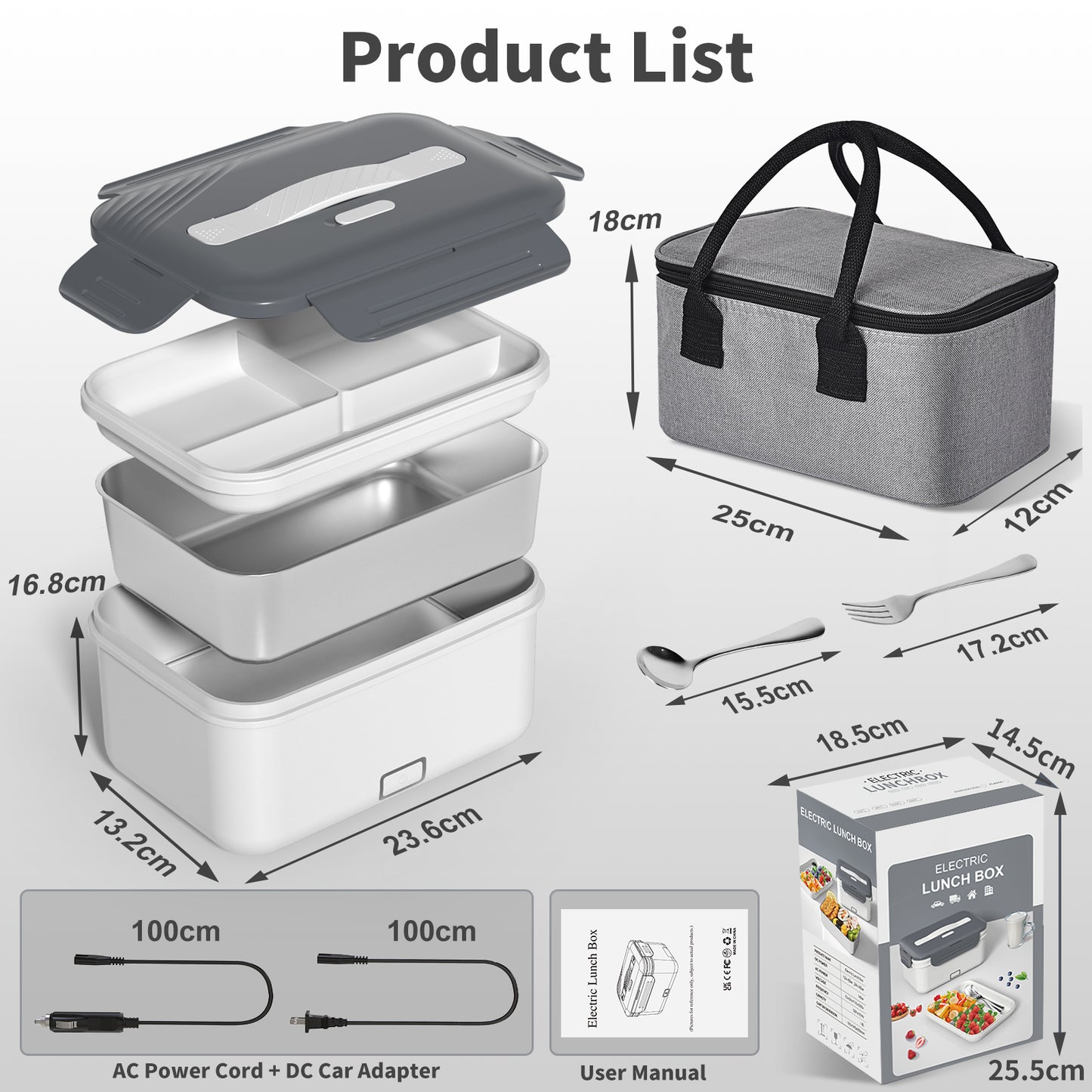 Herrfilk® Electric Heated Lunch Box - Portable Food Warmer for Car, Truck, Home (White/Grey)