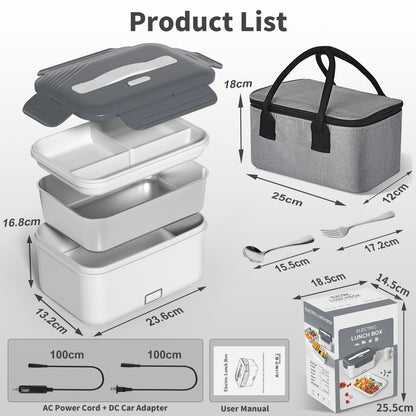 Herrfilk® Electric Heated Lunch Box - Portable Food Warmer for Car, Truck, Home (White/Grey)