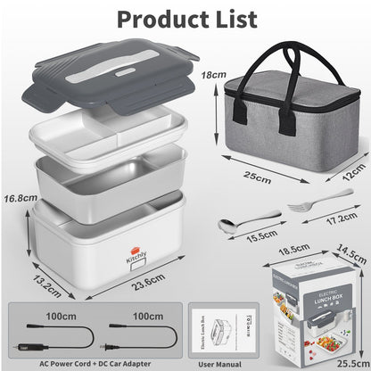 Kitchly Electric Heated Lunch Box - Portable Food Warmer for Car, Truck, Home (White/Grey)