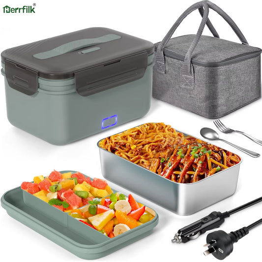 Herrfilk® Electric Heated Lunch Box - Portable Food Warmer for Car, Truck, Home (Green/Grey)
