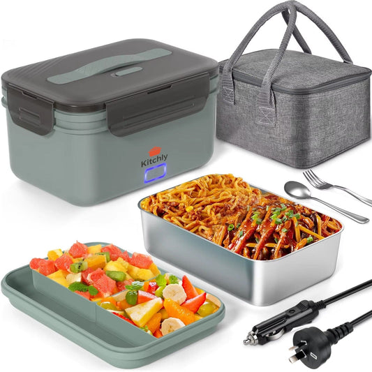 Kitchly Electric Heated Lunch Box - Portable Food Warmer for Car, Truck, Home (Green/Grey)