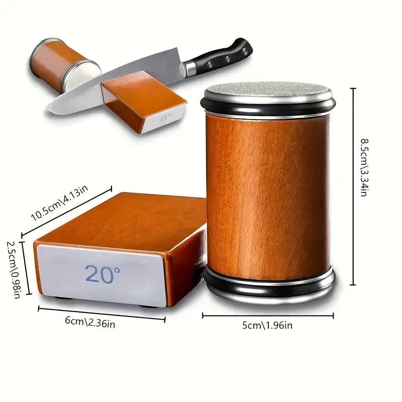 Kitchly solid wood rolling knife sharpener with two-sided blade sharpening slots on a wooden base.