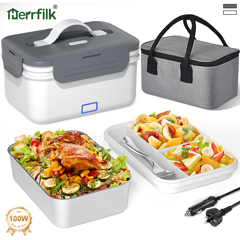 Herrfilk® Electric Heated Lunch Box - Portable Food Warmer for Car, Truck, Home (White/Grey)