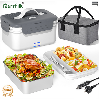 Herrfilk® Electric Heated Lunch Box - Portable Food Warmer for Car, Truck, Home (White/Grey)