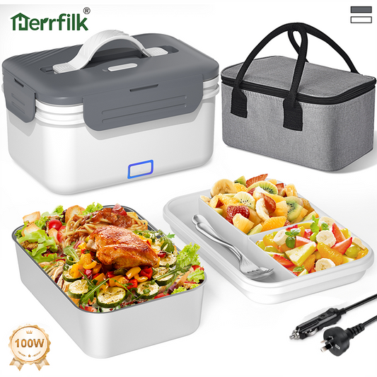 Herrfilk® Electric Heated Lunch Box - Portable Food Warmer for Car, Truck, Home (White/Grey)