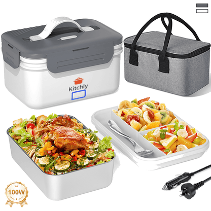 Kitchly Electric Heated Lunch Box - Portable Food Warmer for Car, Truck, Home (White/Grey)