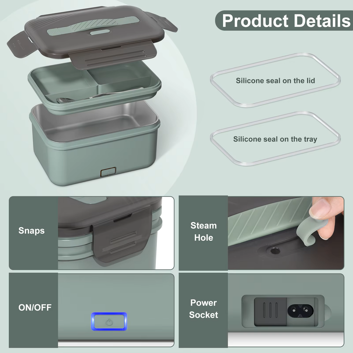 Herrfilk® Electric Heated Lunch Box - Portable Food Warmer for Car, Truck, Home (Green/Grey)