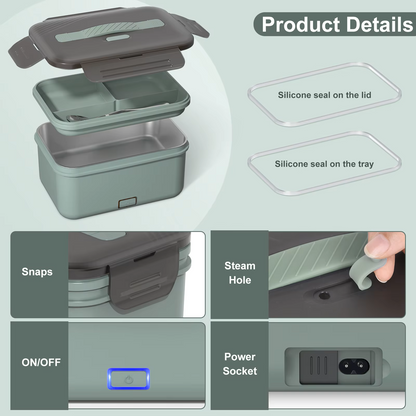 Herrfilk® Electric Heated Lunch Box - Portable Food Warmer for Car, Truck, Home (Green/Grey)