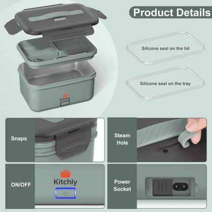 Kitchly Electric Heated Lunch Box - Portable Food Warmer for Car, Truck, Home (Green/Grey)
