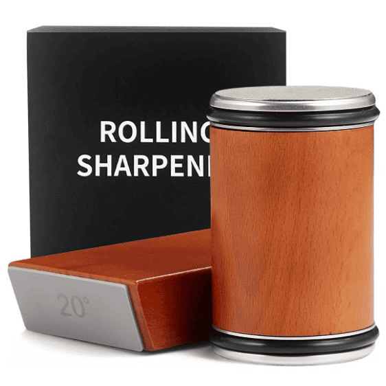 Kitchly solid wood rolling knife sharpener with dual sharpening sides, designed for precise blade honing and maintenance.