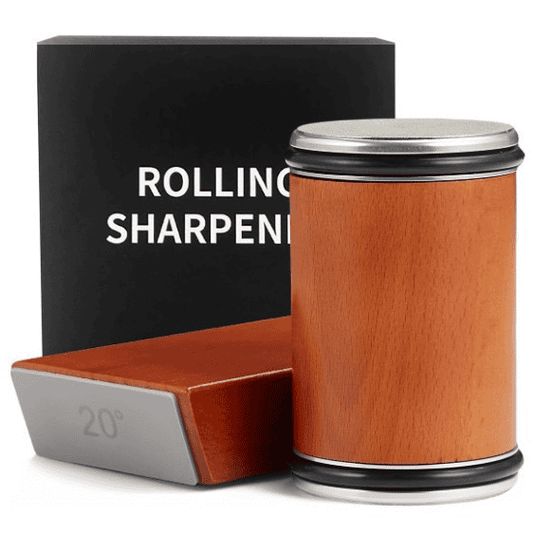Kitchly solid wood rolling knife sharpener with dual sharpening sides, designed for precise blade honing and maintenance.