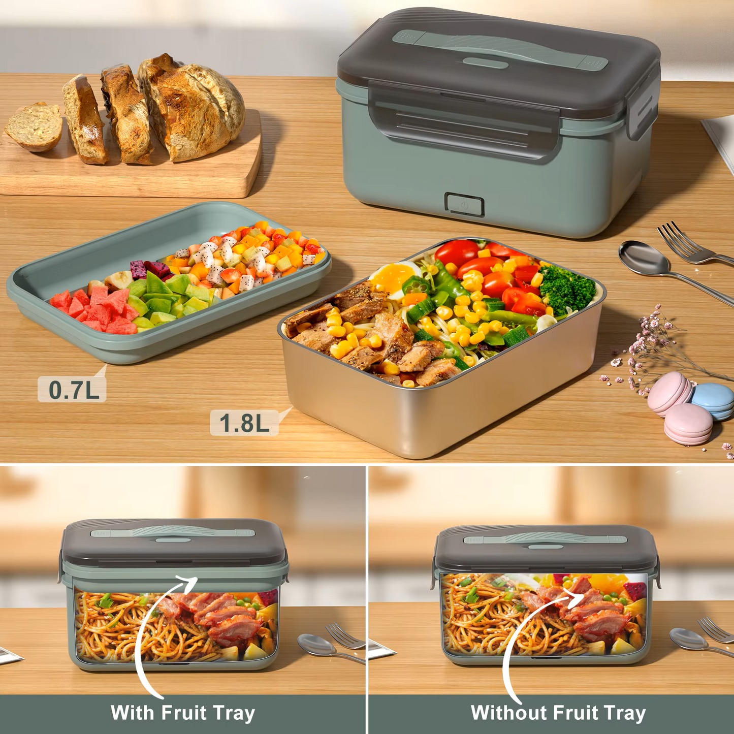 Herrfilk® Electric Heated Lunch Box - Portable Food Warmer for Car, Truck, Home (Green/Grey)