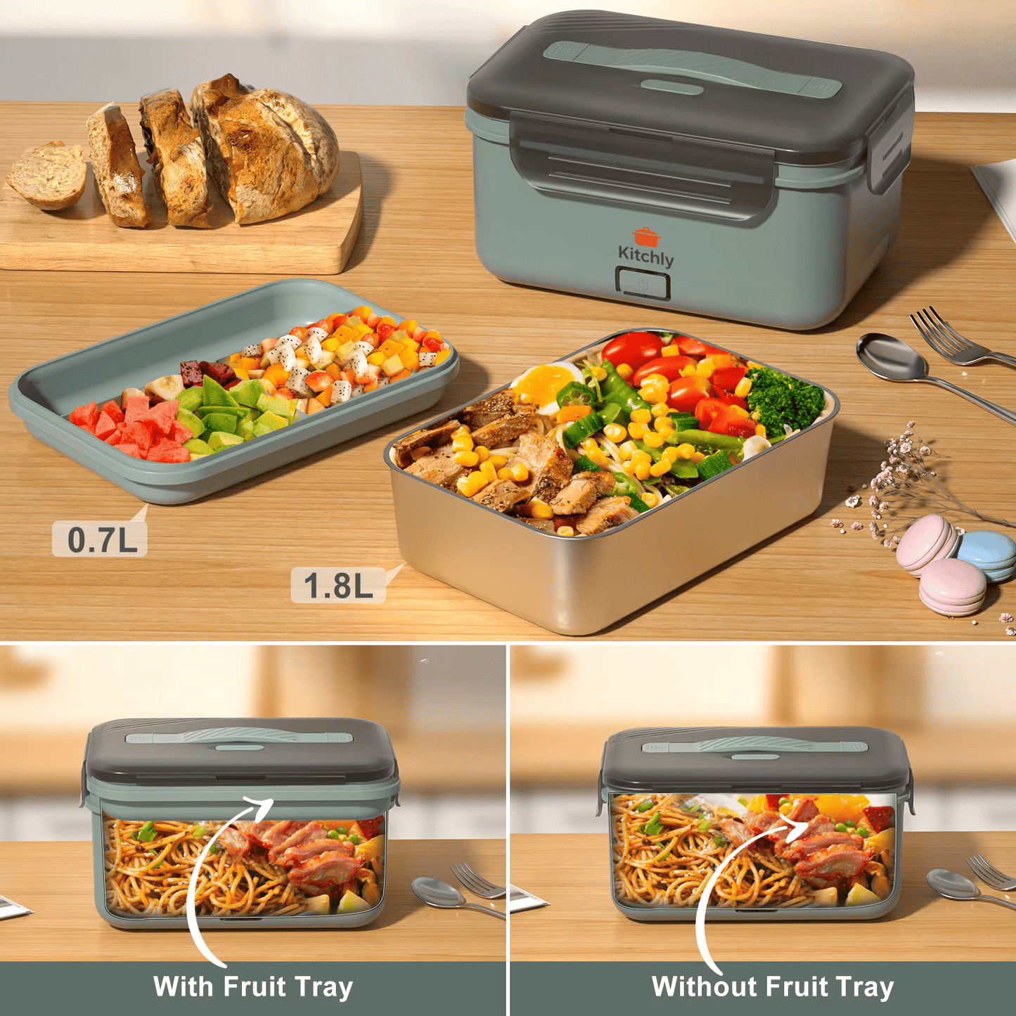 Kitchly Electric Heated Lunch Box - Portable Food Warmer for Car, Truck, Home (Green/Grey)