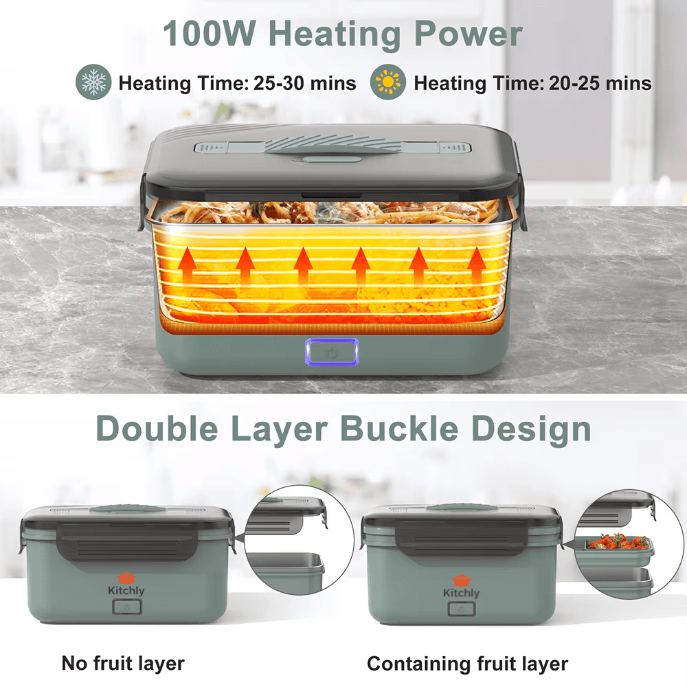 Kitchly Electric Heated Lunch Box - Portable Food Warmer for Car, Truck, Home (Green/Grey)