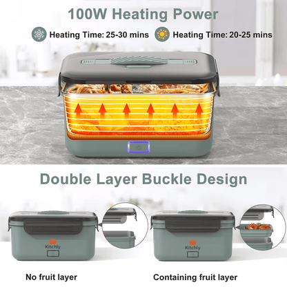 Kitchly Electric Heated Lunch Box - Portable Food Warmer for Car, Truck, Home (Green/Grey)