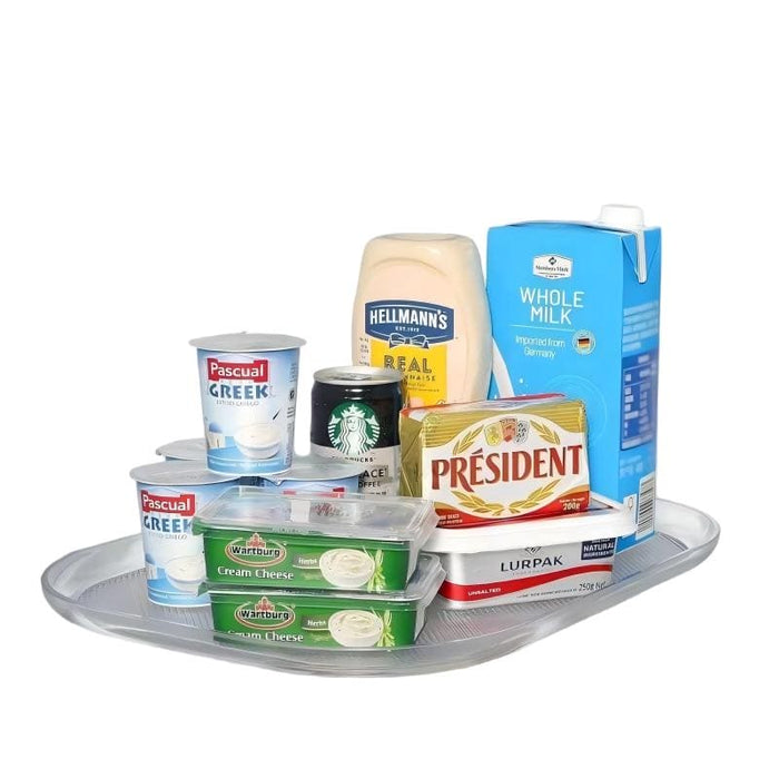 Clear 360-degree rotating refrigerator organiser turntable by Kitchly, showing multiple layers for easy food storage and access.