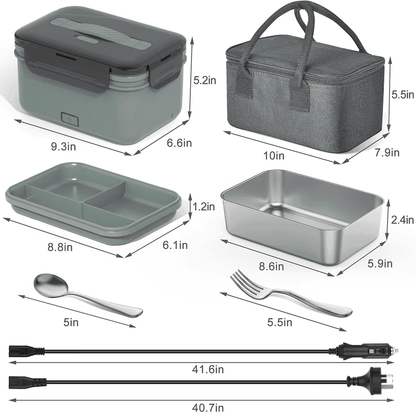 Herrfilk® Electric Heated Lunch Box - Portable Food Warmer for Car, Truck, Home (Green/Grey)