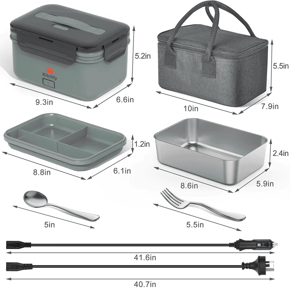Kitchly Electric Heated Lunch Box - Portable Food Warmer for Car, Truck, Home (Green/Grey)