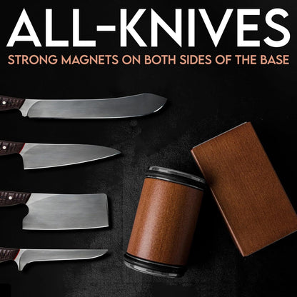 Kitchly solid wood rolling knife sharpener with double-sided blades for precise sharpening, featuring a natural wooden handle.