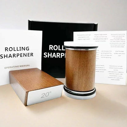 Kitchly solid wood rolling knife sharpener with dual-sided blades for efficient kitchen knife sharpening.