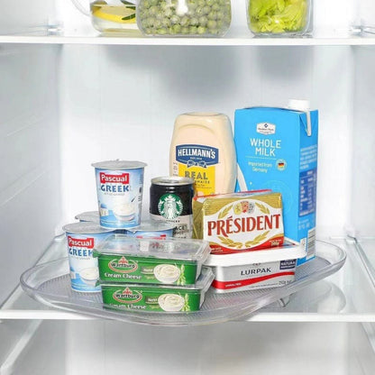 Clear 360-degree rotating refrigerator organizer turntable by Kitchly, showcasing a spacious, easy-to-access kitchen storage solution.