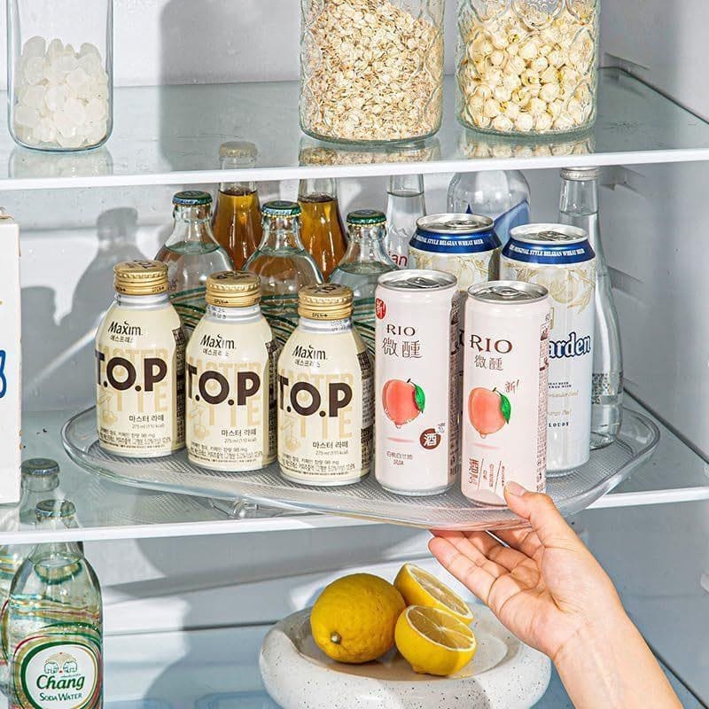 Clear 360-degree rotating refrigerator organiser turntable by Kitchly, showing multiple tiers for easy food storage and organization.