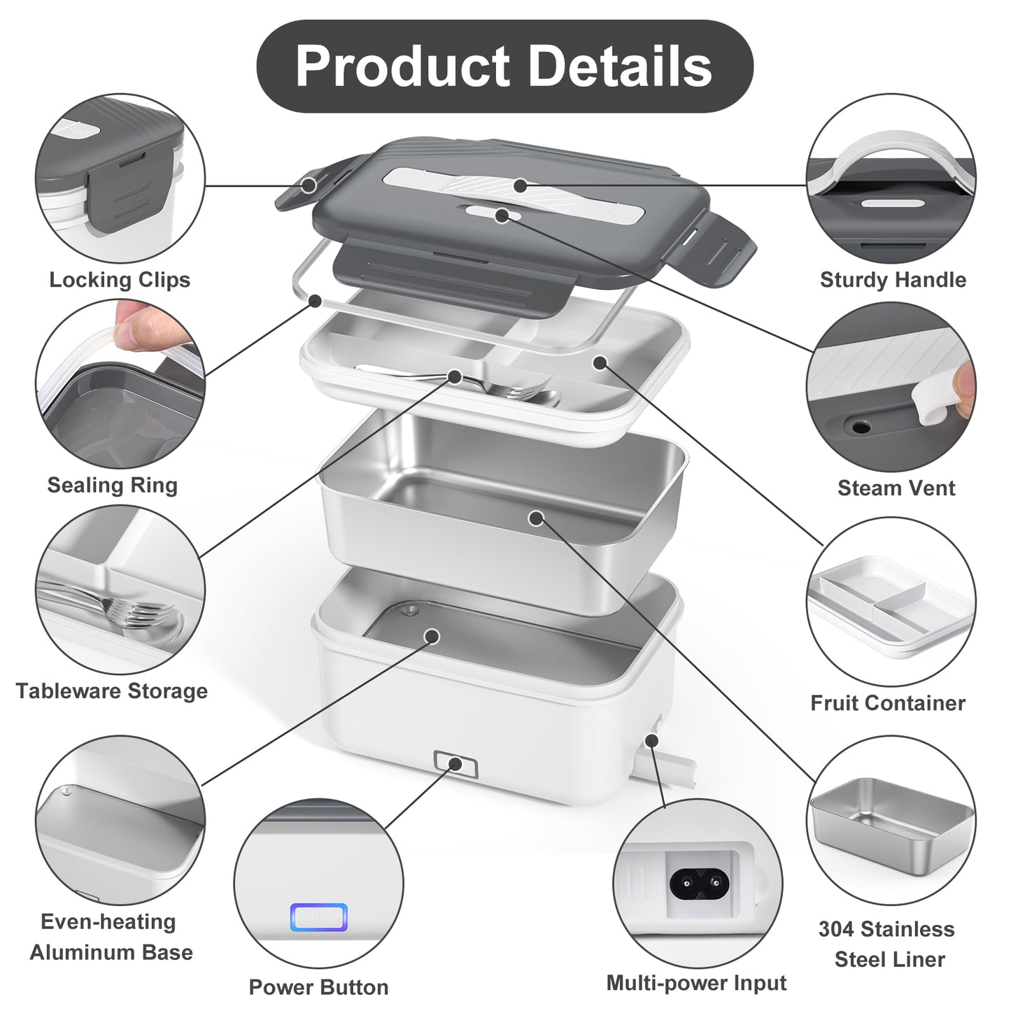 Herrfilk® Electric Heated Lunch Box - Portable Food Warmer for Car, Truck, Home (White/Grey)