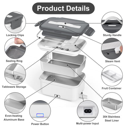 Herrfilk® Electric Heated Lunch Box - Portable Food Warmer for Car, Truck, Home (White/Grey)