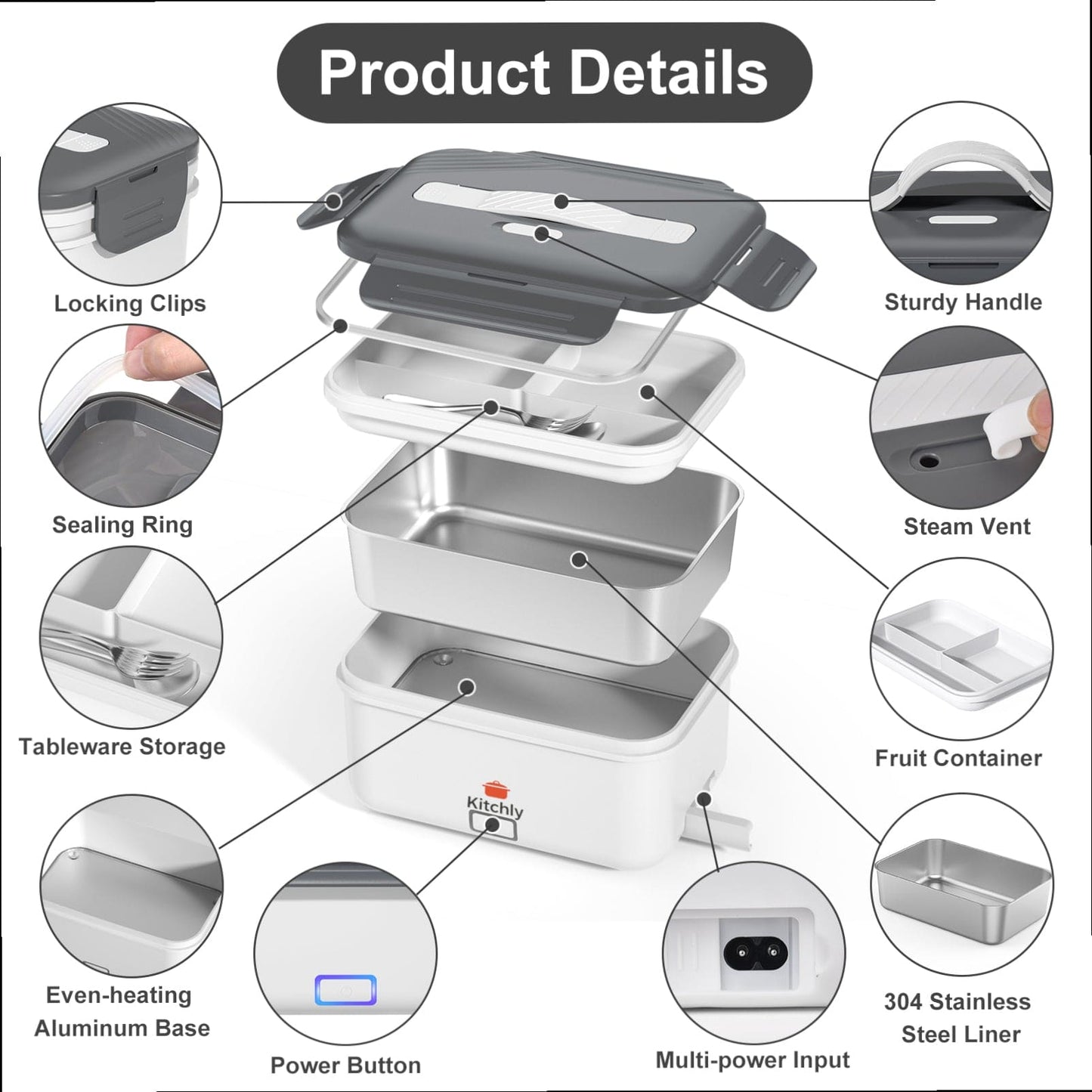 Kitchly Electric Heated Lunch Box - Portable Food Warmer for Car, Truck, Home (White/Grey)