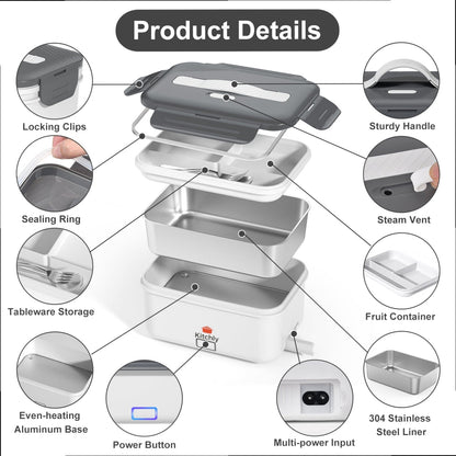 Kitchly Electric Heated Lunch Box - Portable Food Warmer for Car, Truck, Home (White/Grey)