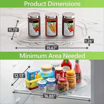 Clear Kitchly 360-degree rotating refrigerator organizer turntable showing multiple stacked food containers inside a fridge.