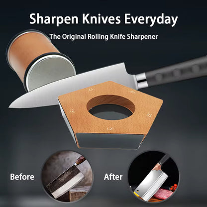 Kitchly solid wood rolling knife sharpener with a premium blade sharpening mechanism and wooden handle, designed for kitchen knives.