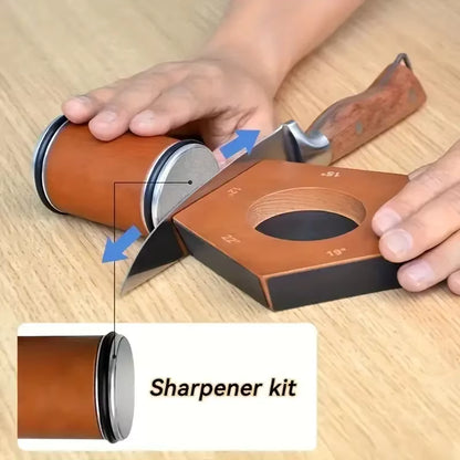 Solid wood Kitchly rolling knife sharpener with a sleek blade sharpening mechanism for kitchen knives.