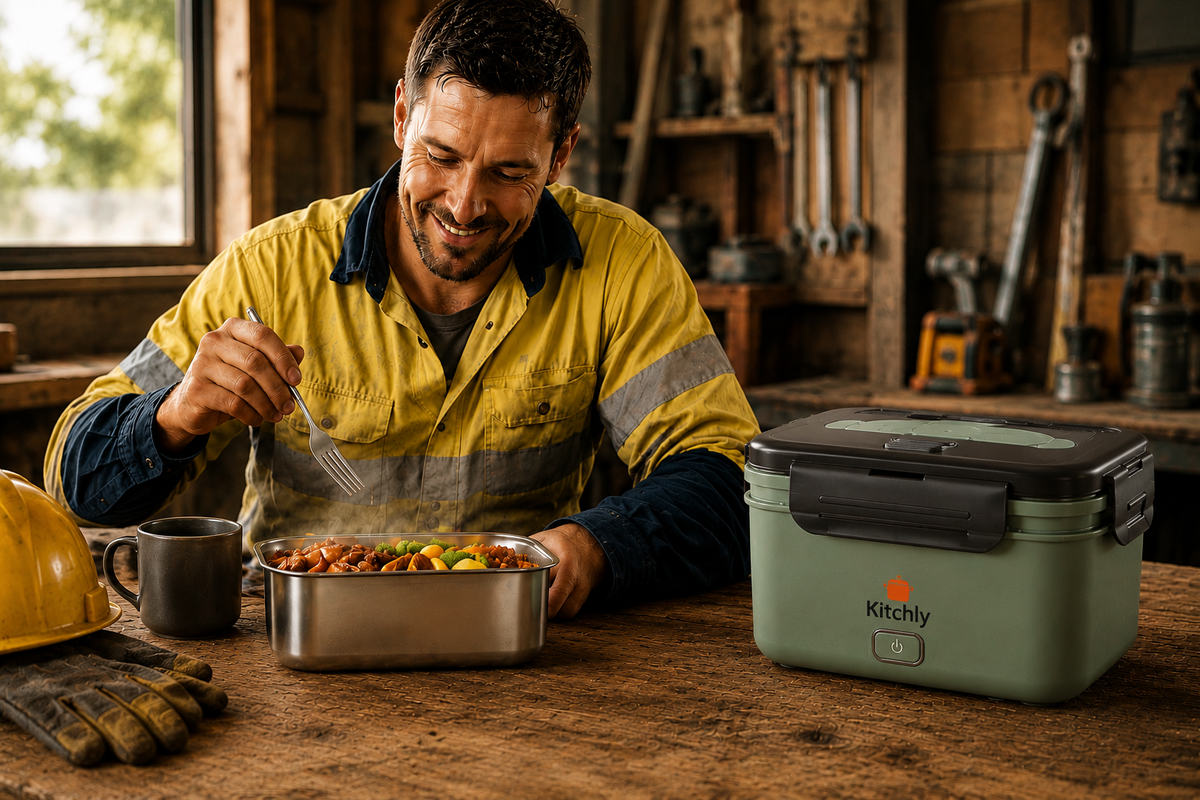 Australian worker enjoying a hot meal from a Kitchly electric lunch box