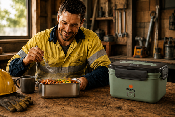 Australian worker enjoying a hot meal from a Kitchly electric lunch box