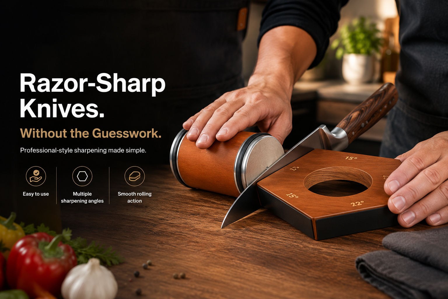 Kitchly rolling knife sharpener in use with a chef knife and magnetic angle guide
